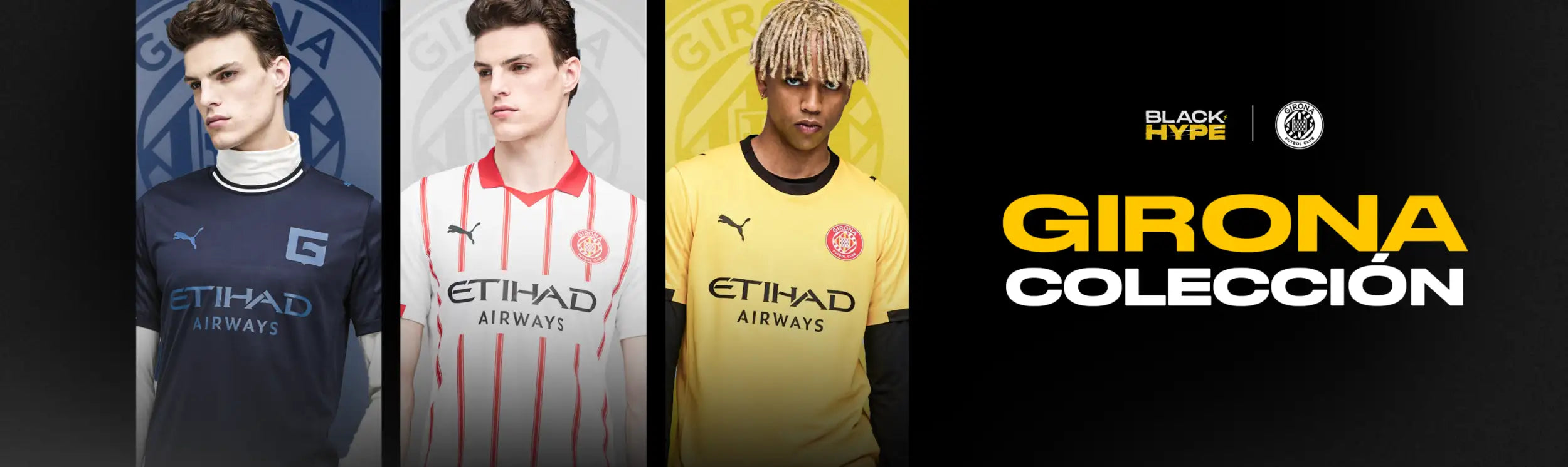 Las camisetas de fútbol de la colección Girona presentan colores de equipo audaces: azul marino, blanco con rayas rojas y amarillo, con el logo de Puma en el pecho.