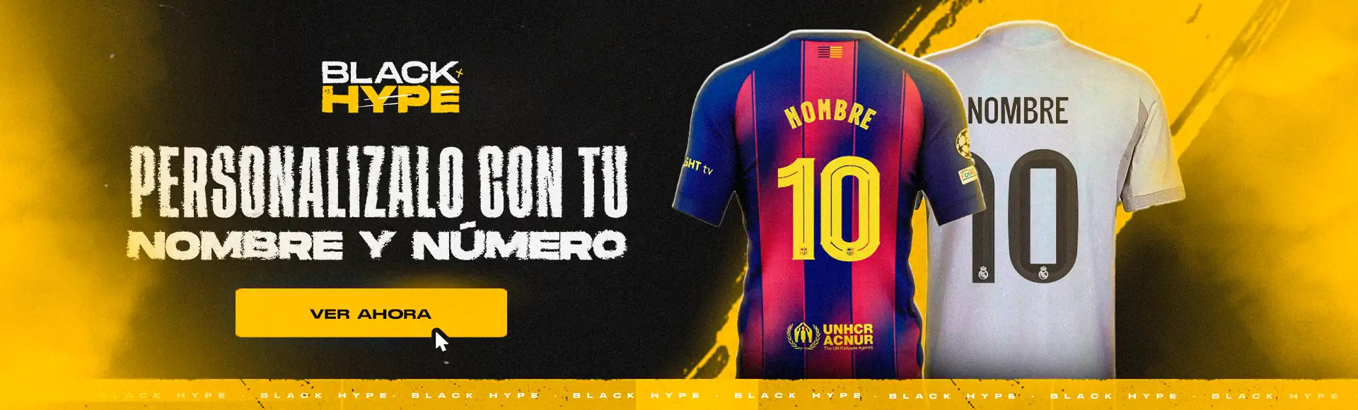 Camiseta a rayas azules y rojas de Barcelona con el número 10 amarillo, combinada con una versión blanca con numeración negra.