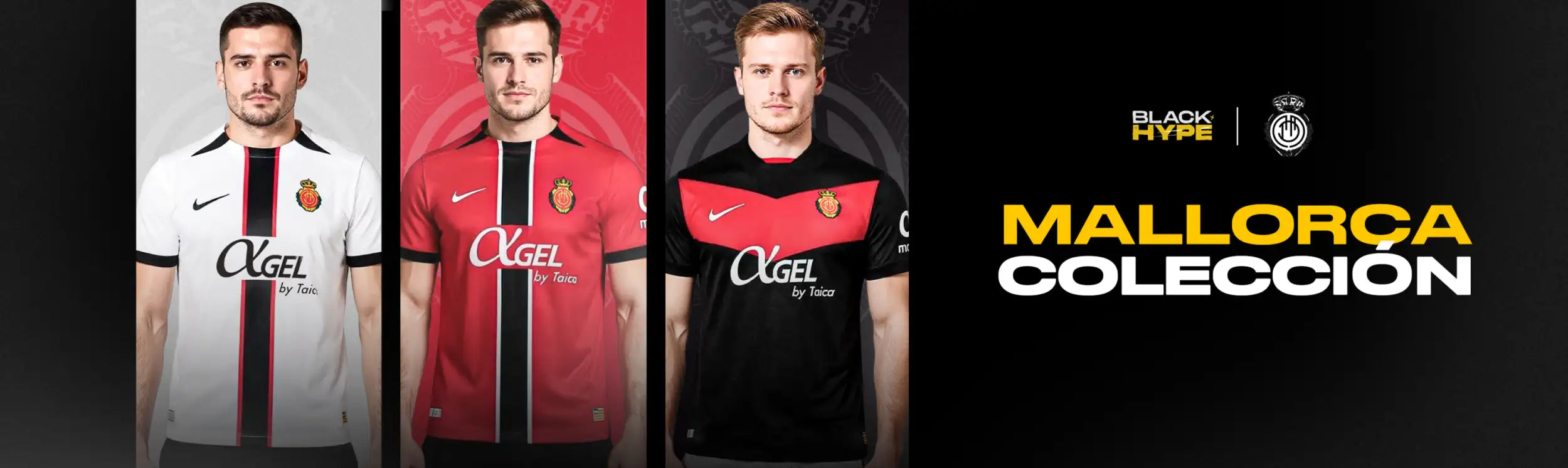 Camisetas de fútbol de la colección Black Hype Mallorca en blanco, rojo y negro con rayas verticales y un logo de Nike.