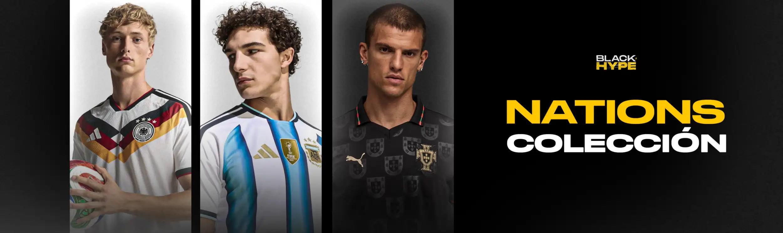 Camisetas de fútbol de la colección Black Hype Nations con diseños de las selecciones nacionales de Alemania, Argentina y Uruguay.