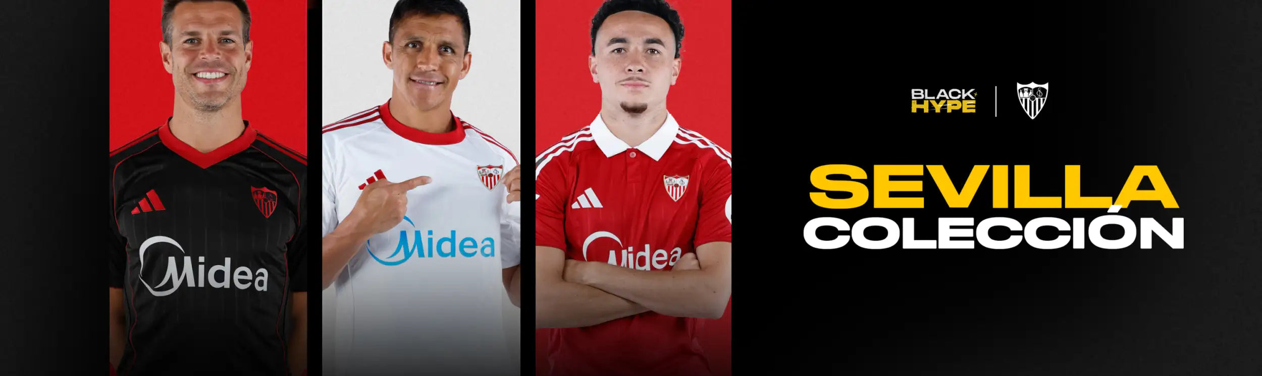 Camisetas de fútbol de Sevilla negras y rojas con ribetes blancos, con el logotipo del patrocinador Midea.