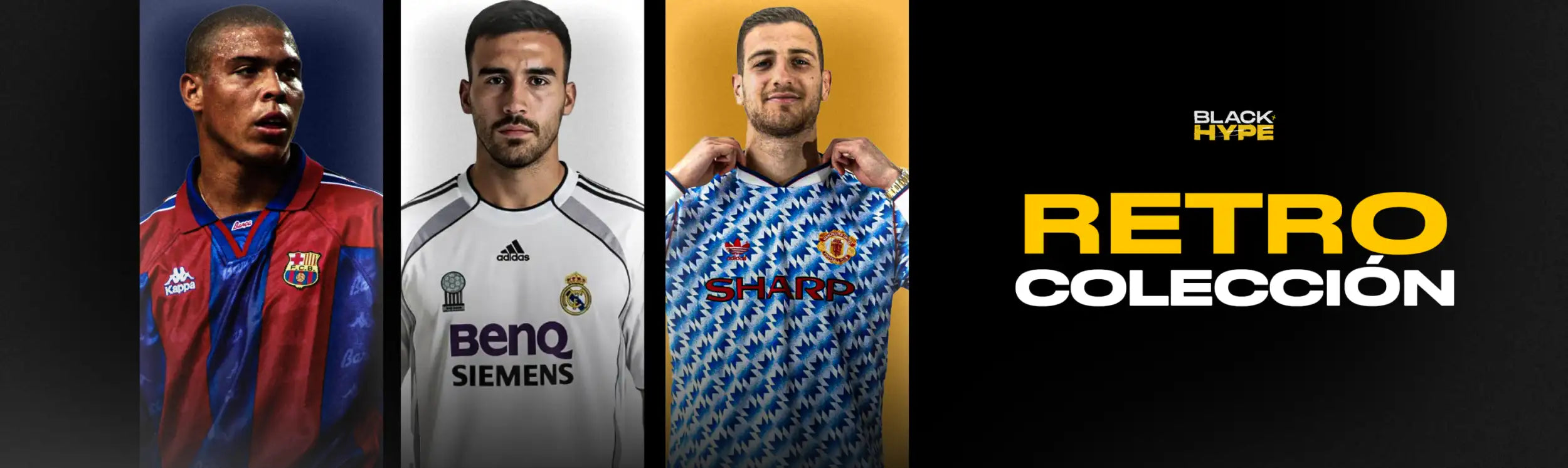 La imagen muestra tres camisetas de fútbol de la línea 'retro colección' de black hype, con una camiseta roja y azul del Barcelona con marca kappa, una camiseta blanca del Real Madrid con logo de adidas y patrocinio de benq siemens, y una azul clara