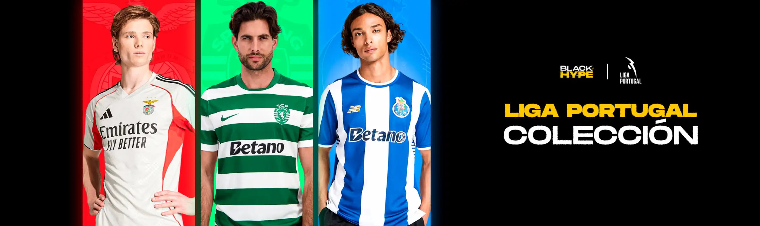 La imagen muestra tres jugadores de fútbol vistiendo camisetas distintas de equipos de la liga portugal colección, con logos prominentes de patrocinadores y esquemas de colores únicos.