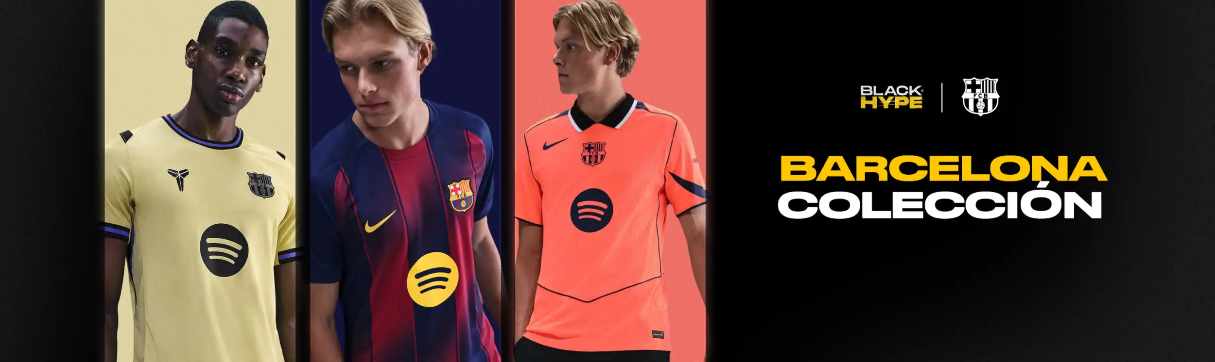 Tres camisetas de fútbol de la colección hype de Barcelona, con colores amarillo, azul marino y naranja, con logos de Spotify.