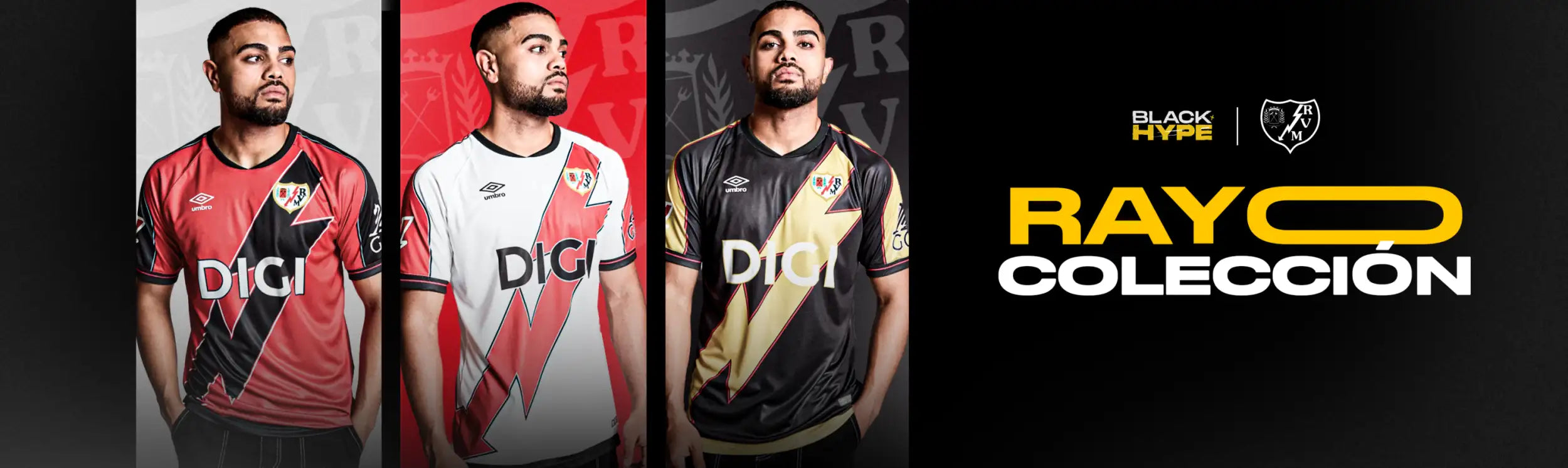 Tres camisetas de fútbol en rojo, blanco y negro con acentos dorados, con el logotipo del patrocinador 'digi'.