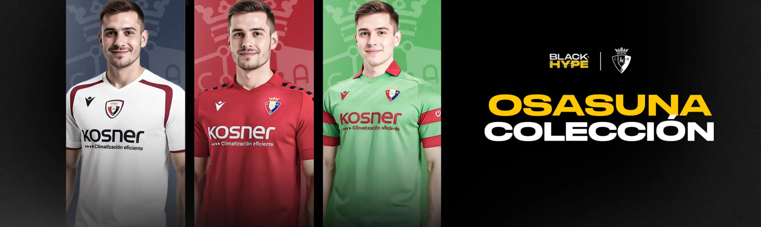 Tres jugadores de fútbol modelando las camisetas de la colección Osasuna en blanco, rojo y verde con la marca ’kosner’.